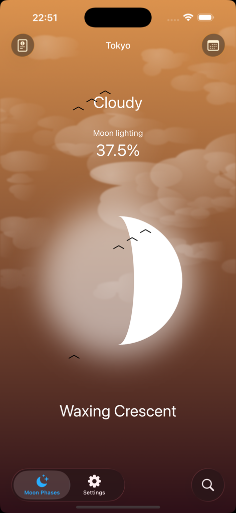 Moon Phases - Lunar Calendar - Interface of the Moon Phases app displaying a waxing crescent moon with 37.5% lighting.