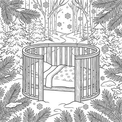 Step into a serene winter scene with this charming coloring page featuring a cozy baby crib nestled amongst snow-dusted pine trees. Perfect for bringing a touch of peaceful winter magic to your coloring collection.