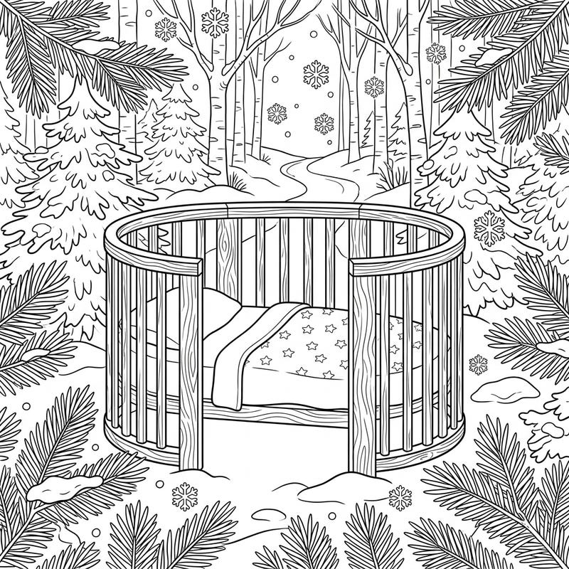 Step into a serene winter scene with this charming coloring page featuring a cozy baby crib nestled amongst snow-dusted pine trees. Perfect for bringing a touch of peaceful winter magic to your coloring collection.