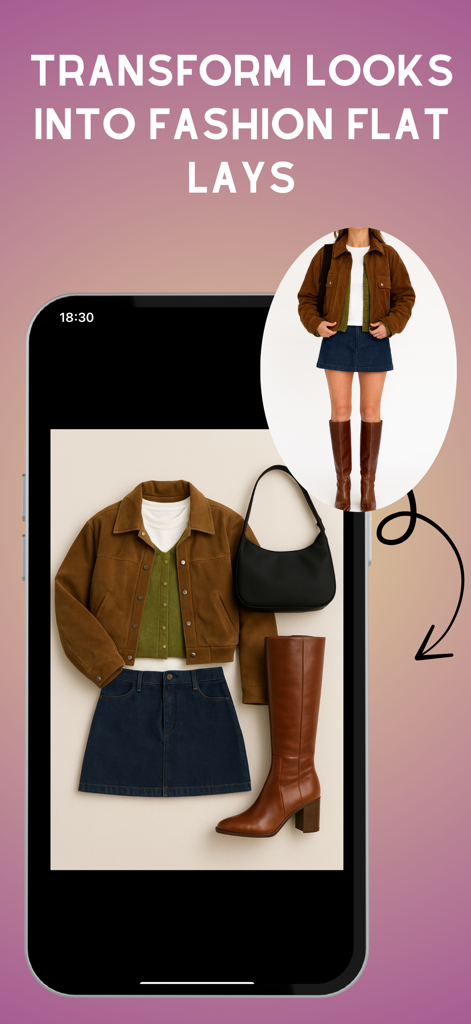 A smartphone screen displaying the conversion of a worn outfit into a professional fashion flat lay layout.