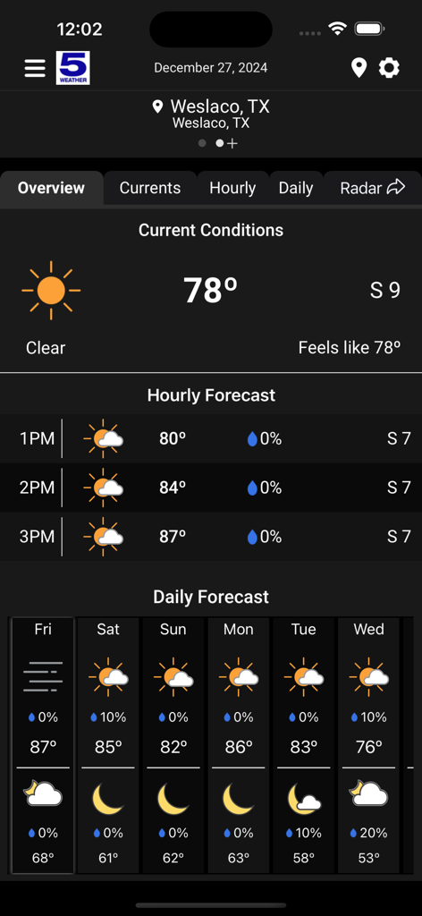 KRGV First Warn 5 weather app interface showing the current temperature and weekly forecast for Weslaco Texas