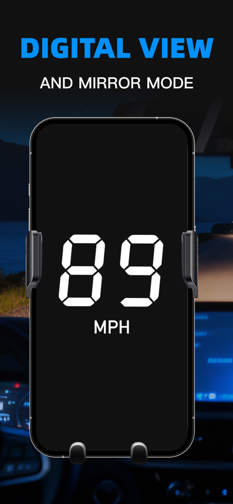 Speed Radar Bot: Speedometer - A smartphone in a car mount displaying a large digital speed reading of 89 MPH in mirror mode.
