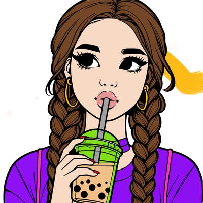 realistic girl with braided hair drinking boba