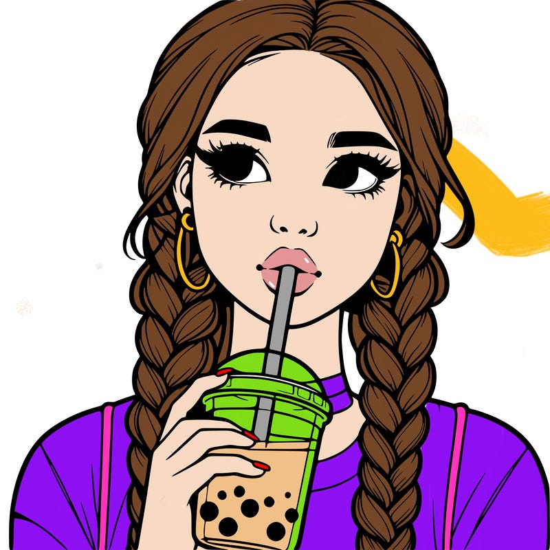realistic girl with braided hair drinking boba