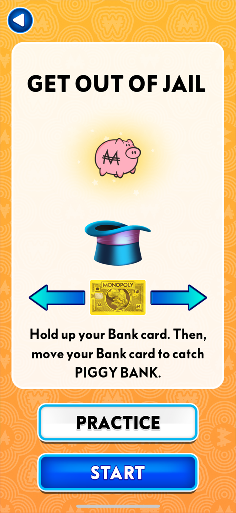 Pantalla de instrucciones del minijuego "Sal de la Cárcel" de Monopoly App Banking