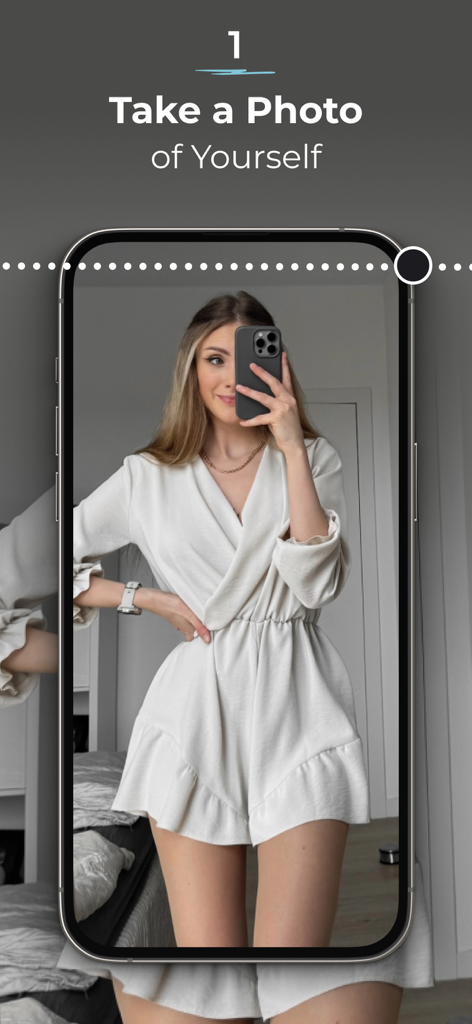 AI Clothes Try-On: DressTry - Una mujer tomándose una selfie en el espejo como primer paso del proceso de prueba de ropa con IA