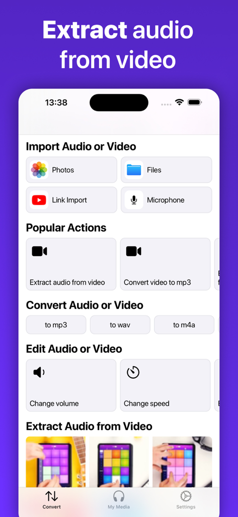 Mp3 Converter & Audio Editor - Interface do aplicativo Mp3 Converter and Audio Editor mostrando opções para extrair áudio de vídeo e converter arquivos