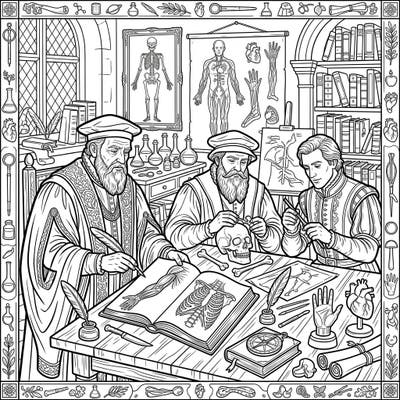 Step back in time to the fascinating era of Renaissance medicine with this intricate coloring page. Depicting diligent physicians at work, it offers a rich scene for detailed artistic exploration.