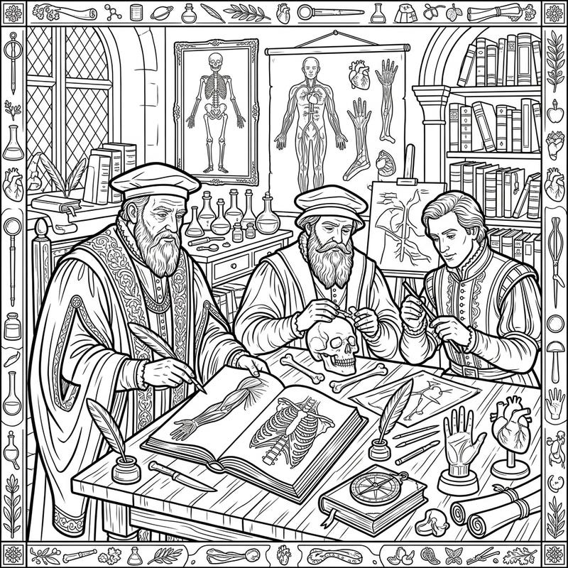Step back in time to the fascinating era of Renaissance medicine with this intricate coloring page. Depicting diligent physicians at work, it offers a rich scene for detailed artistic exploration.