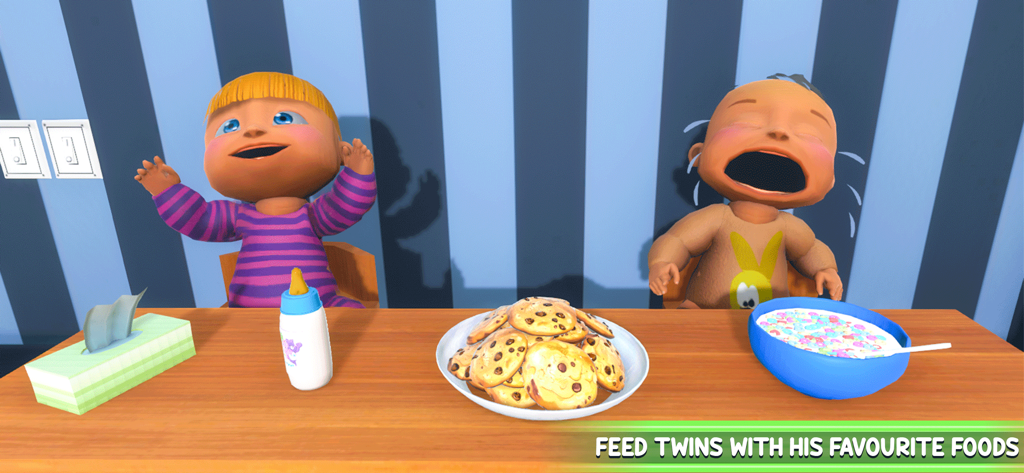 Twin Baby Game Simulator 3D - Dois bebês gêmeos animados em 3D em uma mesa com cereal e biscoitos em um simulador de paternidade virtual