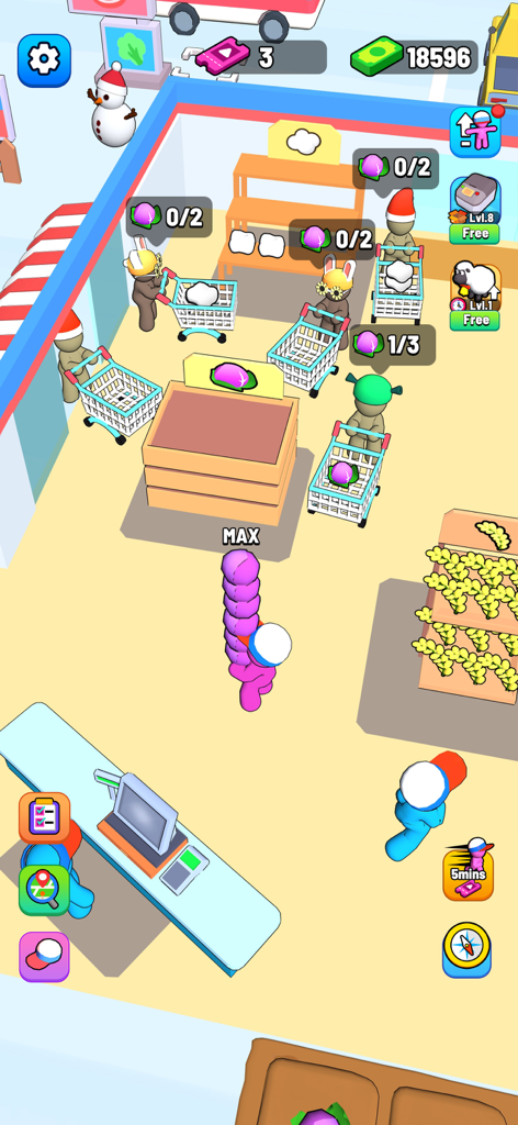 A character carrying a tall stack of purple produce to restock shelves in a busy mini mart with customers.