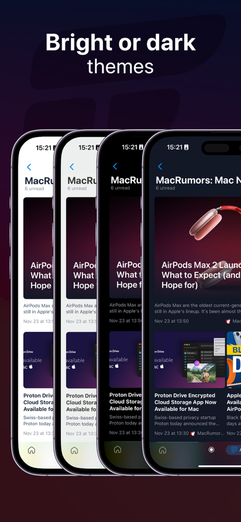 Cupfeed : News & RSS reader - Four iPhone screens showcasing the light and dark mode options for the Cupfeed news and RSS reader app.