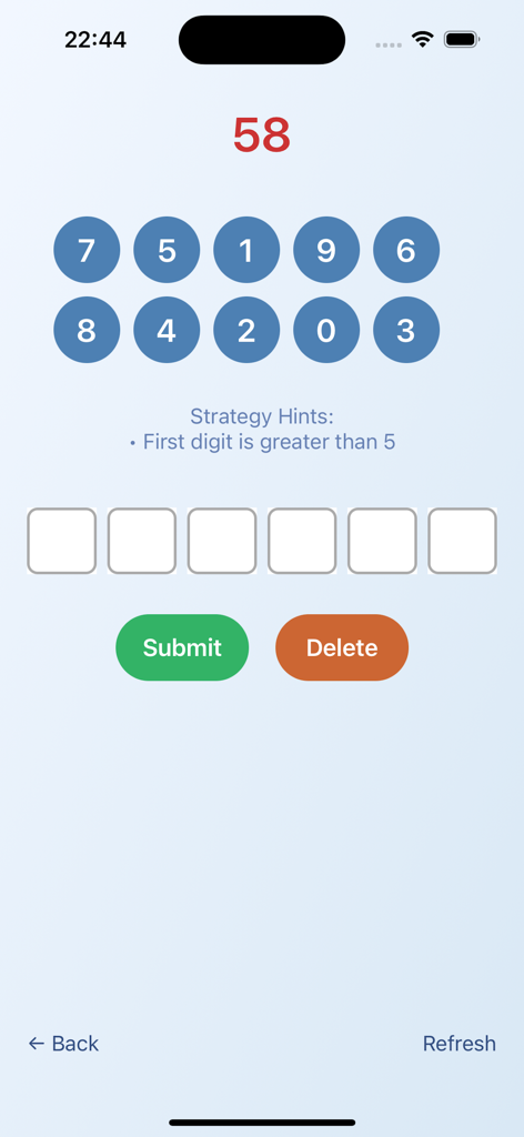 Tile Storm Code Breaker game interface showing a number sequence puzzle with a strategy hint and input boxes