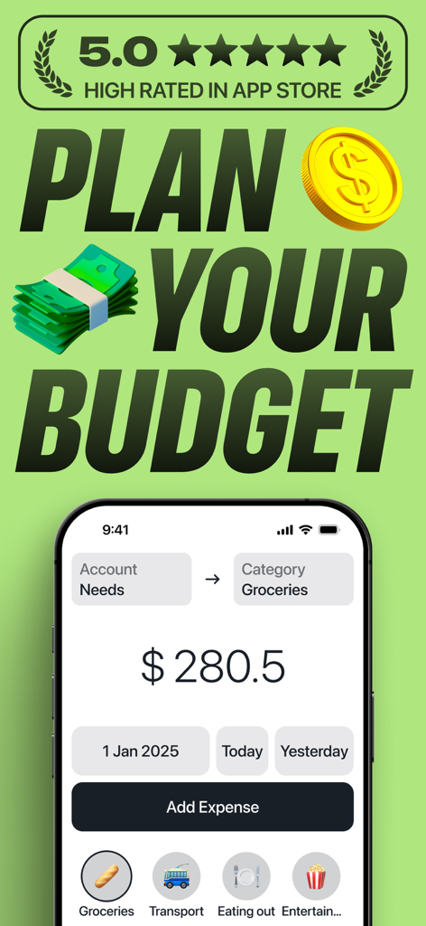Wudget: Simpler Budget Planner - Wudget budget planner app interface for adding expenses with a five star rating badge