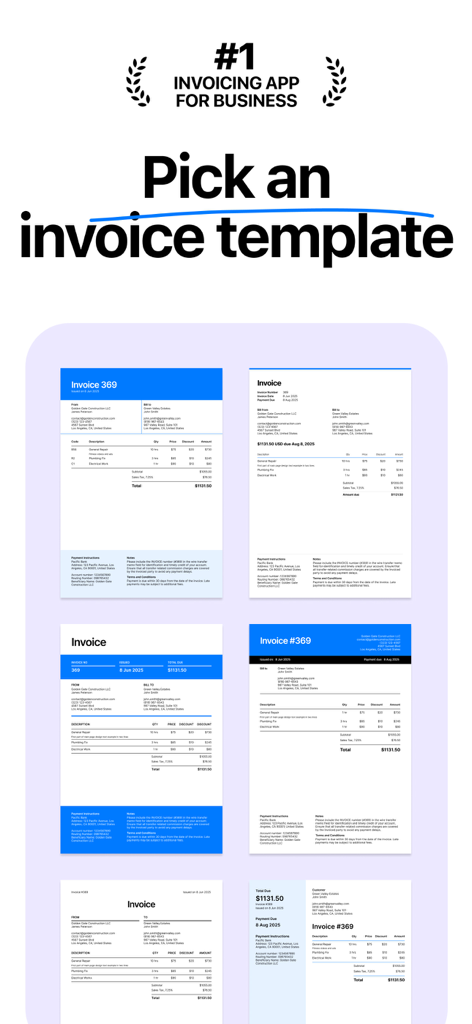 A collection of professional invoice templates for freelancers and contractors
