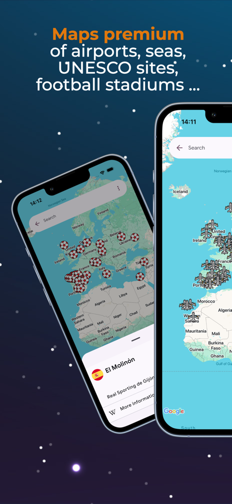 Dos iPhones mostrando mapas de viaje temáticos de aeropuertos y estadios de fútbol en Europa y África.