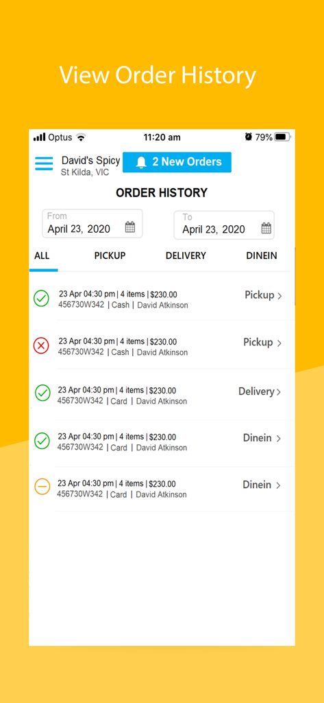 KRAVEiN Partner - Dashboard view of the KRAVEiN Partner app showing a detailed list of restaurant order history for pickup delivery and dine in