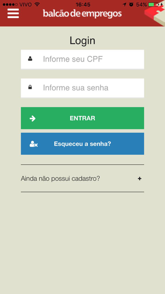 Balcão de Empregos - Tela de login do aplicativo Balcao de Empregos