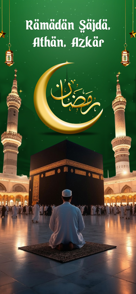 Ramadan Calendar 2026: Athan - A spiritual illustration showing a man praying in front of the Kaaba with a golden crescent moon and minarets for the Ramadan 2026 app