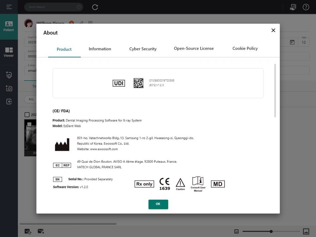 La ventana Acerca de de la aplicación EzDent Web que muestra especificaciones del producto, certificaciones de dispositivos médicos e información de la versión del software.