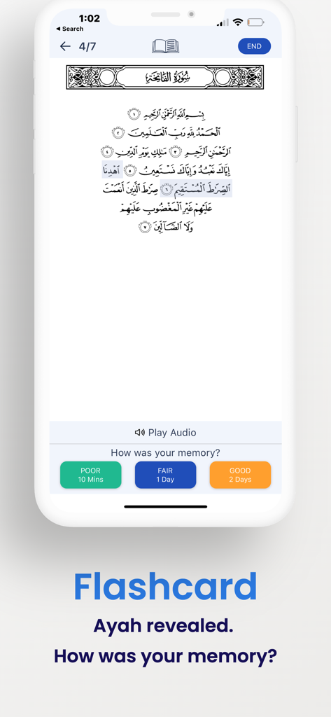 Retain Quran: Learn & Memorize - Interfaz de tarjeta de memoria de la aplicación Retain Quran mostrando versículos en árabe y botones de repetición espaciada