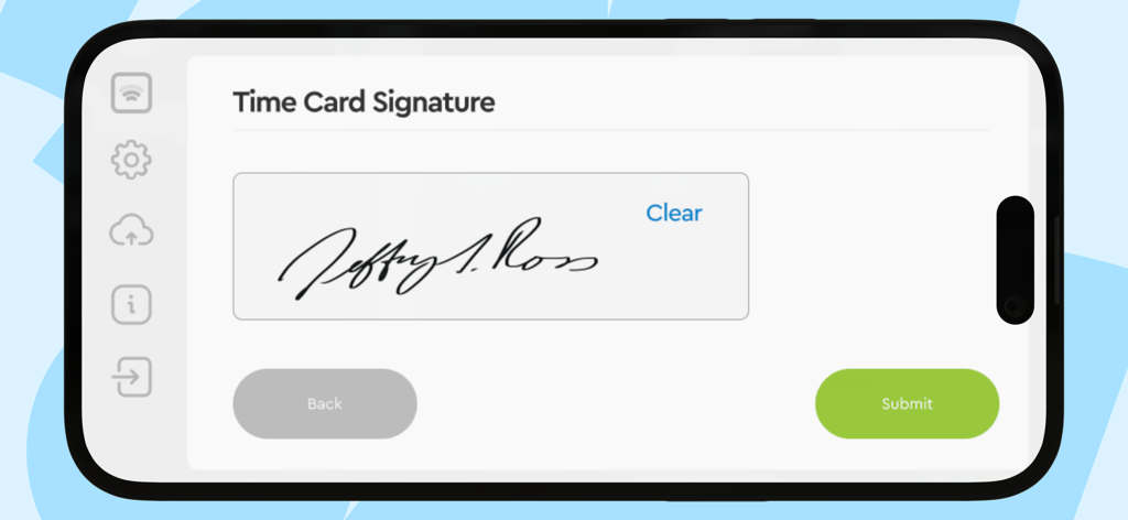 Fingercheck Time Clock - Captura de firma digital para la validación de la tarjeta de tiempo del empleado en la aplicación Fingercheck.