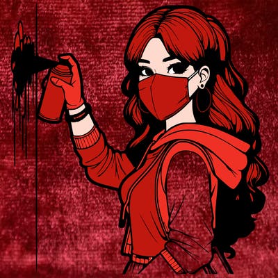 realistic girl with mask spray painting a wall