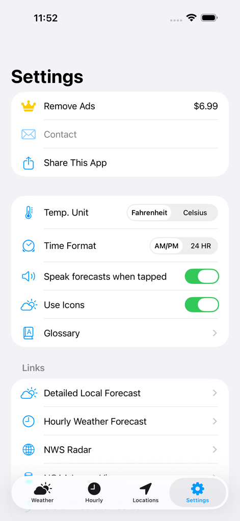 Weather NOAA - Settings menu of the Weather NOAA app displaying temperature units and text-to-speech options.