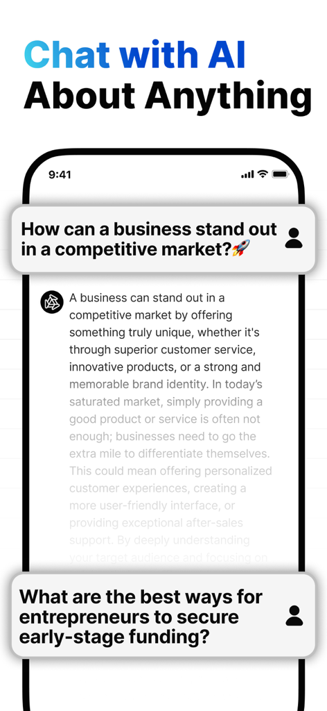 Interface do aplicativo móvel AI Chatbot Assistant mostrando perguntas de bate-papo sobre negócios e empreendedorismo