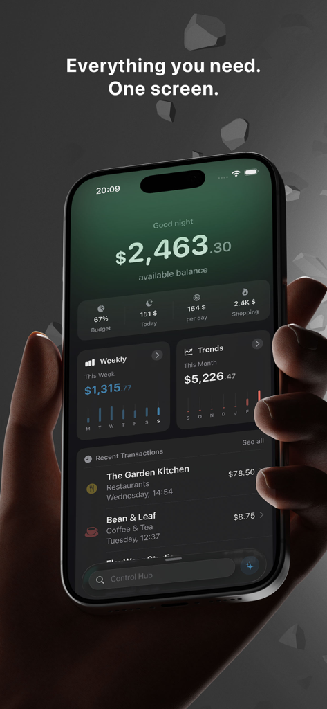 Control - your money - Main screen of the Control money management app on an iPhone showing available balance, weekly spending, and financial trends.