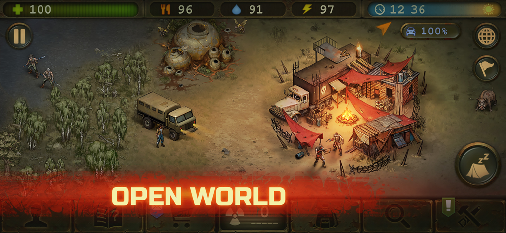 Day R Premium: Survival RPG - A top-down view of the open world gameplay in Day R Premium featuring a survivor camp with a truck and campfire in a wasteland