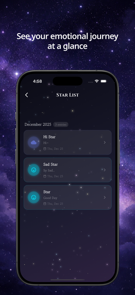 Star Diary -  Stella Notes - A list of daily journal entries in the Star Diary app showing different moods on a cosmic background