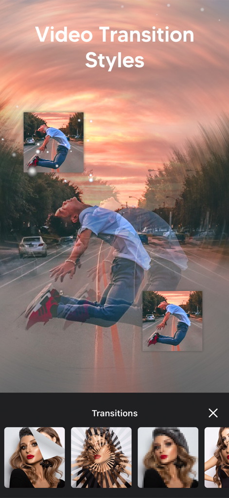 Photo Video Maker - With Song - A menu showing different video transition styles and effects in the Photo Video Maker app.