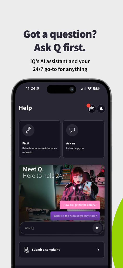iQ Student Accommodation - Help screen of the iQ Student Accommodation app featuring Q the 24 7 AI assistant and maintenance request options
