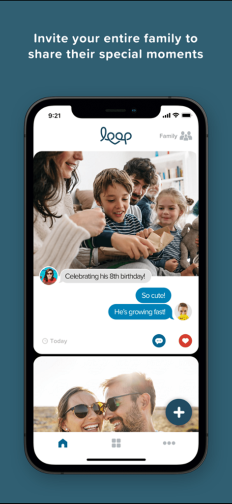 Loop Photo Frame - Loop app interface showing a private family photo feed with comments and shared memories