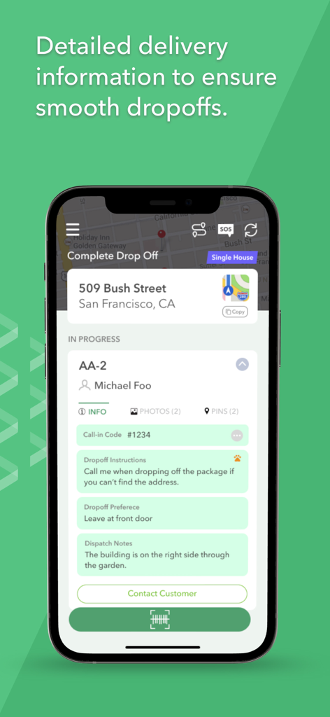 Jitsu Drive - Jitsu Drive App-Bildschirm mit detaillierten Lieferanweisungen und Dispatch-Notizen für eine Paketabgabe in San Francisco
