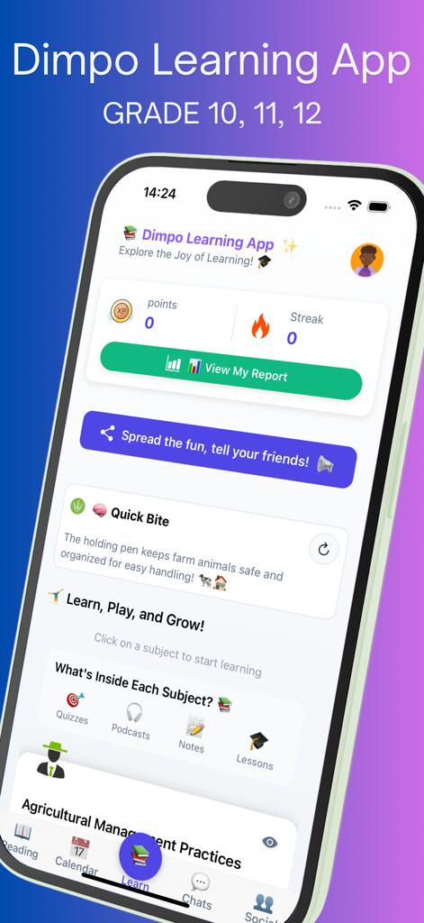 Dashboard der Dimpo Lern-App für Gymnasiasten mit Lernstrecken und Quizfragen