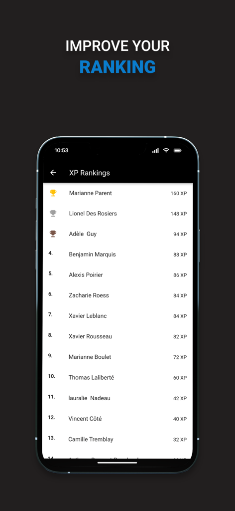 A mobile screen showing XP rankings for hockey goalies on a leaderboard.