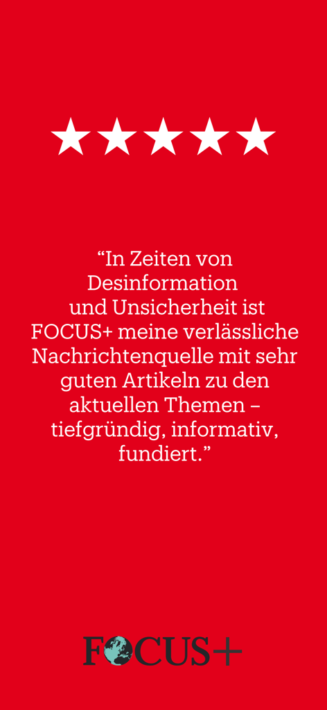 Testimonio de usuario de cinco estrellas para la aplicación de noticias FOCUS plus sobre un fondo rojo