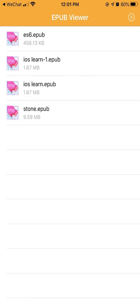 EPUB Viewer Pro - Interfaz de EPUB Viewer Pro que muestra una lista de archivos EPUB importados con sus tamaños de archivo