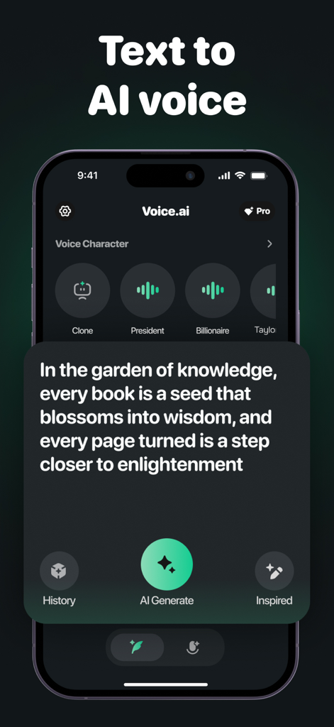 Voice Box: AI Voice Changer - Interfaz de la aplicación Voice Box que muestra la transformación de texto a voz IA con opciones de personajes de voz como Presidente y Multimillonario