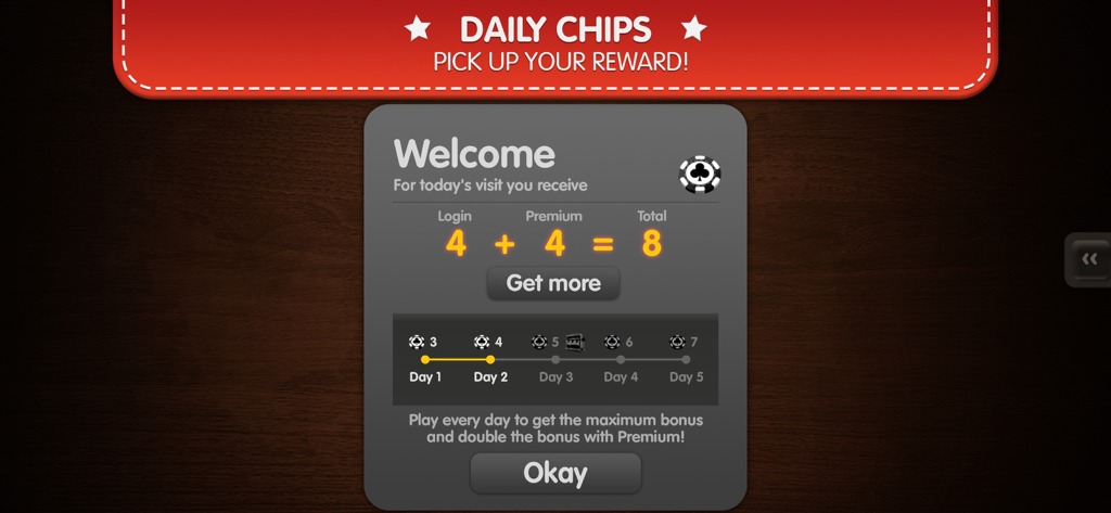 Skat Palace - Skat Palace daily reward screen showing chips earned for login and premium membership