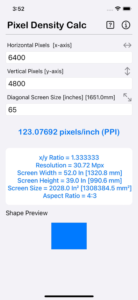 Pixel Density Calculator - ピクセル密度計算機アプリのインターフェイス。高解像度画面のPPI結果を表示しています。