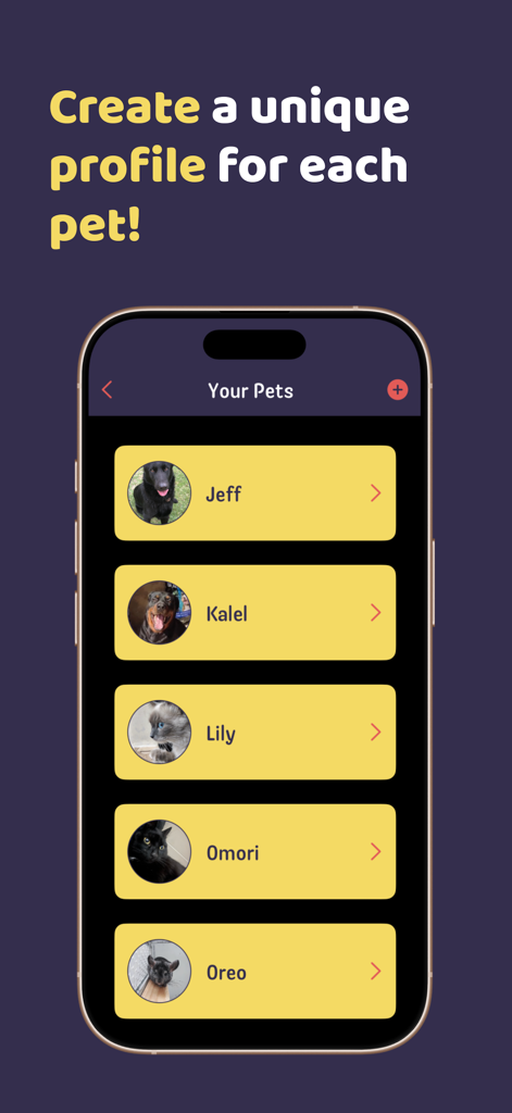 Aumigo - Pet Care & Routine - Tela do aplicativo Aumigo exibindo uma lista de perfis de pets únicos para vários cães e gatos