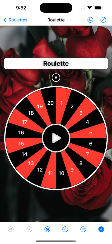 Roulette - Decision Roulette - A red and black decision roulette wheel with numbers from 1 to 20 over a background of red roses.