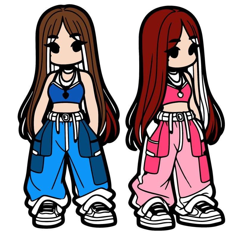 girl in baggy pants crop top and long hair