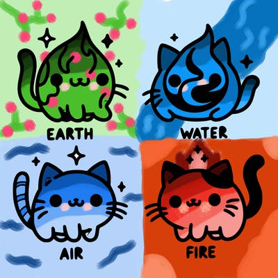 4 cats that represent the different elements, earth, water, air, and fire
