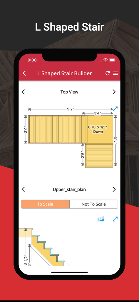 RedX Stairs - 3D Calculator - Mobile app interface showing a top view and plan for an L-shaped stair with precise measurements and scale options
