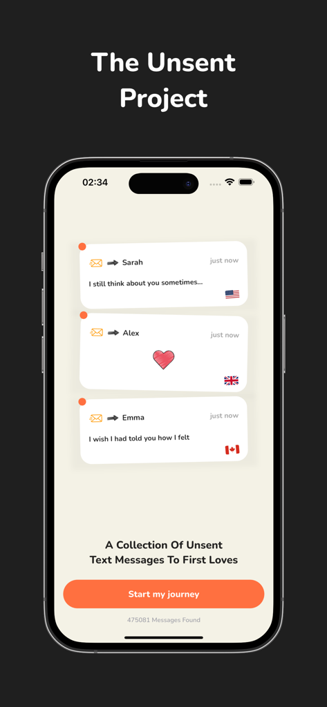 The Unsent Projectアプリのインターフェースに、初恋の人への匿名の未送信テキストメッセージのコレクションが表示されている。