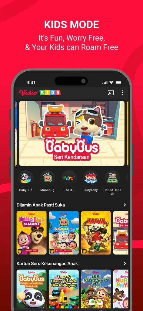 Vidio: Sports, Movies, Series - Smartphone screen displaying the Vidio Kids Mode interface with a selection of popular animated shows for children.